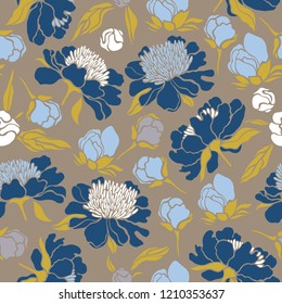 Seamless floral pattern with peonies. Texture with meadow flora for surfaces, paper, wrappers, backgrounds, scrapbooking. Vector illustration.