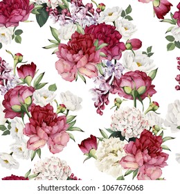 Seamless floral pattern with peonies, watercolor. Vector illustration.
