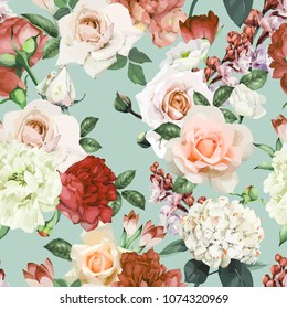 Seamless floral pattern with peonies, watercolor. Vector illustration.