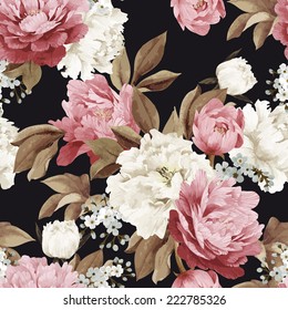 Seamless floral pattern with peonies, watercolor. Vector illustration.