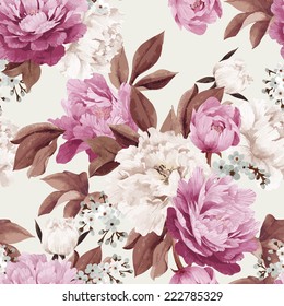 Seamless floral pattern with peonies, watercolor. Vector illustration.