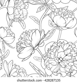 Seamless floral pattern with Peony. Black on white background. Vector illustration.