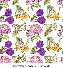 Seamless floral pattern with peony, crocus, daffodil and snowdrop in flat style. Hand drawn spring design for fabric, wallpaper, gift wrapping and botanical theme.