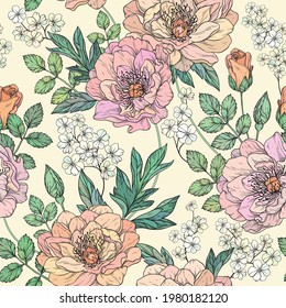 Seamless floral pattern with peony flowers. Vector illustration.