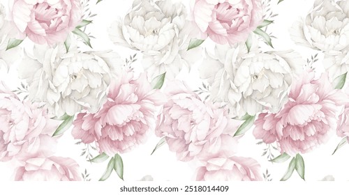 Seamless floral pattern with peony flowers on summer background, watercolor. Template design for textiles, interior, clothes, wallpaper. Botanical art