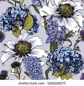 Seamless floral pattern. Peony, Hydrangea, Hyacinth, wildflowers flowers and leaves. Textile composition, hand drawn style print. Vector illustration.