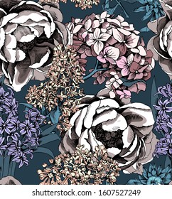 Seamless floral pattern. Peony, Hydrangea, Hyacinth, Lilac flowers and leaves. Textile composition, hand drawn style print. Vector illustration.