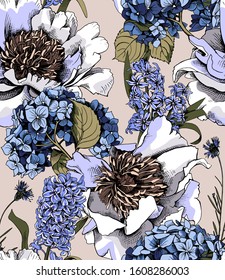 Seamless floral pattern. Peony, Hydrangea, Hyacinth, cornflowers flowers and leaves. Textile composition, hand drawn style print. Vector illustration.