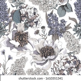 Seamless floral pattern. Peony, Hydrangea, Hyacinth, Lilac, cornflowers flowers and leaves. Textile composition, hand drawn style print. Vector illustration.