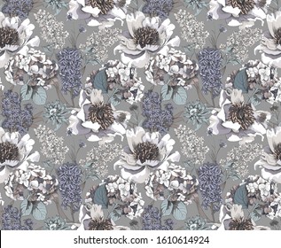 Seamless floral pattern. Peony, Hydrangea, Hyacinth, Lilac, cornflowers flowers and leaves. Textile composition, hand drawn style print. Vector illustration.