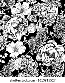 Seamless floral pattern. Peony, Hydrangea, Hyacinth, Lilac, Hibiscus flowers and leaves. Textile composition, hand drawn style print. Vector black and white illustration.