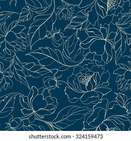 Nahtlose Blumenmuster mit Peony. Luxuriöse, peronische Tapete im Vintage-Stil. Blumenmuster auf blauem Hintergrund.  Vektorgrafik.