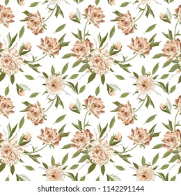Seamless floral  pattern with Peony on a White Background. Vector illustration.