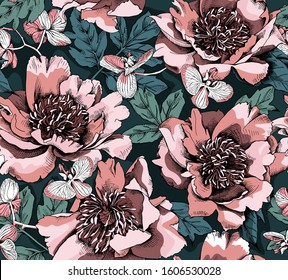 Seamless floral pattern. Peony, Orchid flowers and leaves. Textile composition, hand drawn style print. Vector illustration.