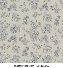 Seamless floral pattern with peony and raspberries, blue line on gray. Hand drawn illustration for fabric, wrapping, prints and other design in vintage style