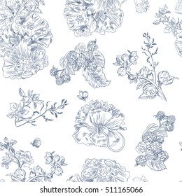 Seamless floral pattern with peony and raspberries, blue line on white. Hand drawn illustration for fabric, wrapping, prints and other design in vintage style