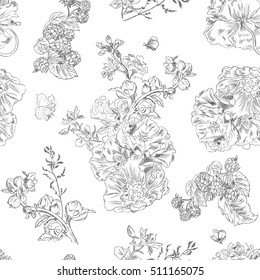 Seamless floral pattern with peony and raspberries, black line on white. Hand drawn illustration for fabric, wrapping, prints and other design in vintage style