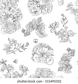 Seamless floral pattern with peony and raspberries, black line on white. Hand drawn illustration for fabric, wrapping, prints and other design in vintage style