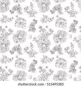 Seamless floral pattern with peony and raspberries, black line on white. Hand drawn illustration for fabric, wrapping, prints and other design in vintage style