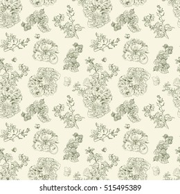 Seamless floral pattern with peony and raspberries, green line on beige. Hand drawn illustration for fabric, wrapping, prints and other design in vintage style