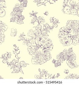 Seamless floral pattern with peony and raspberries, violet line on beige. Hand drawn illustration for fabric, wrapping, prints and other design in vintage style