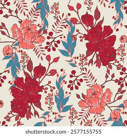 Seamless floral pattern, peony, wedding decor flowers, red, pink, endless, all over print to use textile, fabric, clothing, backdrop, wallpaper, home textile, clothing, fashion, packaging, gift wrap