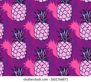 Seamless floral pattern with pineapple and flowers. Ornamental decorative background. Vector pattern. Print for textile, cloth, wallpaper, scrapbooking