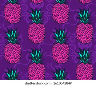 Seamless floral pattern with pineapple and flowers. Ornamental decorative background. Vector pattern. Print for textile, cloth, wallpaper, scrapbooking