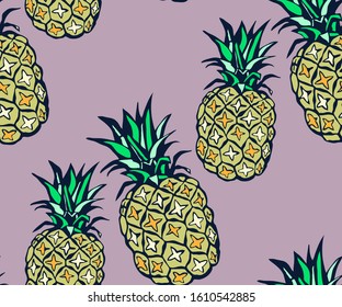 Seamless floral pattern with pineapple and flowers. Ornamental decorative background. Vector pattern. Print for textile, cloth, wallpaper, scrapbooking