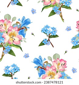 Seamless floral pattern with pink alstroemeria, blue iris and forget-me-not. Stock vector illustration on a white background.