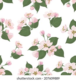 Seamless floral pattern, pink apple tree flowers and green leaves isolated on white background. Vector