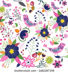 Sensación floral impecable con pájaro rosa y flores primaverales brillantes, hojas sobre un fondo blanco. Plantas estilizadas para tarjetas, pancartas, sitios, tapices, textiles, carteles. Doodle, vector.