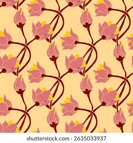 Seamless Floral Pattern with Pink Blossoms on a yellow orange background