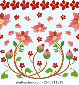 Seamless Floral Pattern with Pink Blossoms, Red Petals, and Green Leaves on Light Background – Decorative Botanical Design for Textiles, Fabric Prints, Wallpaper, and Spring-Themed Crafts