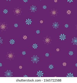 Seamless floral pattern with pink and blue flowers scattered random on purple background for fabric design, seamless vector