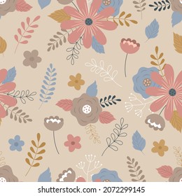 Seamless floral pattern. Pink, blue, beige flowers. Leaves, branches, flowers, plants. Vector illustration for printing on fabric, wallpaper, wrapping paper