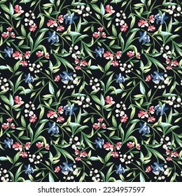 Patrón floral sin foco con flores rosas, azules y blancas y hojas verdes sobre un fondo negro. Diseño de impresión de vectores