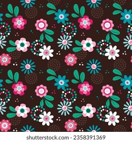 Seamless floral pattern with pink, blue and white flowers, green leaves and dotted design on a brown background