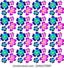 Seamless floral pattern of pink and blue flowers on a white background