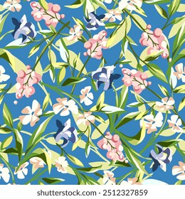 Seamless floral pattern with pink, blue, and white flowers and green leaves on a blue background. Vector floral print. Hand-drawn illustration, not AI