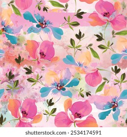 Seamless floral pattern with pink, blue and green color hand drawn art abstract flower and leaf background elements. Autumn leaves pattern design vector