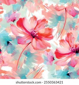 Seamless floral pattern with pink, and blue color hand drawn art abstract flower and leaf background elements. Flower garden wallpaper design vector