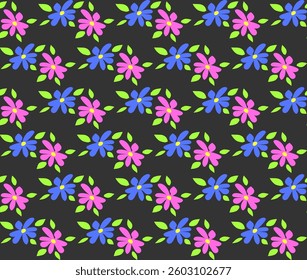 Seamless floral pattern with pink and blue flowers on a gray background