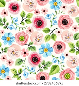 Seamless floral pattern with pink and blue flowers and green leaves. Vector seamless floral print. Hand-drawn illustration, not AI