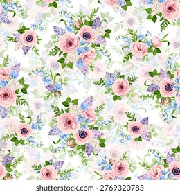 Seamless floral pattern with pink, blue, and purple lisianthus, anemone, bluebell, and lilac flowers. Vector floral print. Hand-drawn illustration, not AI