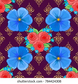 Seamless floral pattern in pink, blue and purple colors with motley rose flowers and green leaves. Vector illustration.