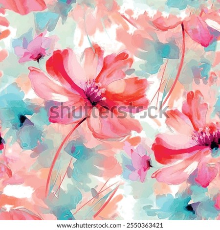 Seamless floral pattern with pink, and blue color hand drawn art abstract flower and leaf background elements. Flower garden wallpaper design vector