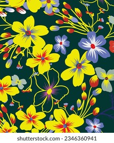 Seamless floral pattern - pink blush flowers elements, green leaves branches on dark black background; for wrappers, wallpapers, postcards, greeting cards.