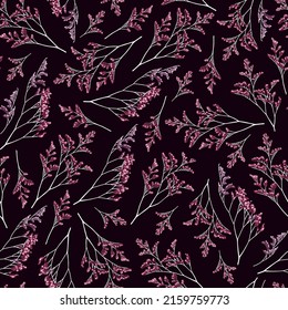 Seamless floral pattern with pink branches of decorative astilba flowers on a black background. Suitable for printing on fabric, textile, wrapping paper, decorative wallpaper, packaging, invitation