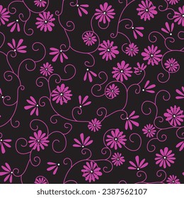 Seamless floral pattern with pink chamomiles on a black background